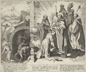 Catharina budd / Visioen van Catharina / Catharina wordt Dominicanes Scènes uit het leven en wonderen van de Heilige Catharina van Siena (serietitel) Life, Death, and Selected Miracles of B. Catherine the Elder (...) (serietitel) af Pieter de Jode (I)