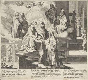 Catherine dukker op / Catherines bryllup / Catherine deler sin kappe Scener fra Saint Catherine of Sienas liv og mirakler (serietitel) Vita mors gesta, et miracula quaedam selecta B. CATHERINAE SENENSIS (...) (serietitel) af Pieter de Jode (I)
