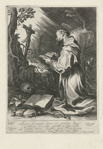 Saint Francis knæler foran krucifiks