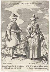Paar, klædt i henhold til engelsk mode, ca. 1610 Teenagers engelske og engelske vaner (titel på objekt) Kostuums uit verschiedelden landen (serietitel) Ornaments of Various Nations (serietitel) af Pieter de Jode (I)
