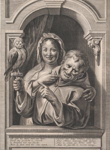Et fjols med en ugle og en kvinde ved et vindue, 1600-tallet.