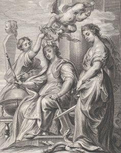 Allegory of Good Government, siddende i midten og kronet af en putto og en wo..., ca. 1640-74. af Pieter de Jode II