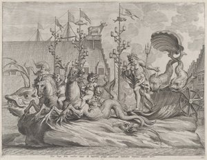 Plade 35: Filip af Spanien som Neptun, ridende i en vogn trukket af to søheste, fra Gu..., 1636.