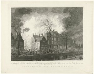 Brand i Pottery Alley i Rotterdam, 1779 Billede, van den Brand, fandt sted i Rotterdam, den 11. marts 1779. van den Maas Silke udstillet (titel på objekt)