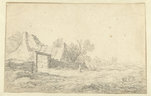Klitlandskab med tre figurer foran en gård af Pieter de Neyn
