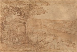 Landskab med pilgrimme (pen og brunt blæk på papir) af Pieter Bruegel the Elder