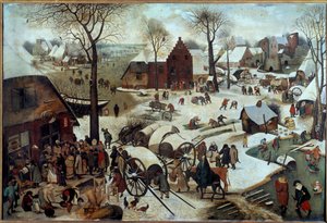 Betaling af skillingen eller deombrementet til Bethleem (h s/t 1,11 X 1,64). Maleri af Pieter Bruegel (eller Breugel eller Brueghel eller Breughel) førstnævnte (1525-1569). 1566. Bruxelles, Royal Museum of Fine Arts. af Pieter Bruegel the Elder