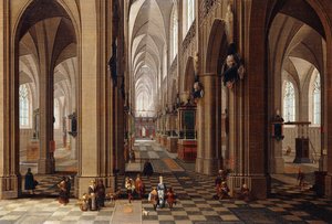 Det indre af en gotisk katedral med byfolk og pigrimme, 1647