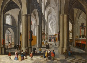 Interiør af en katedral med figurer