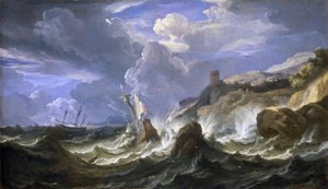 Skibsvrag i storm nær en klippekyst. Olie på lærred, midten af det 17. århundrede af Pieter Mulier II den yngre (eller Pietro Mulieribus eller Pietro Cavaliere Tempesta) (1637-1701). af Pieter the Younger (1637 1701) Mulier
