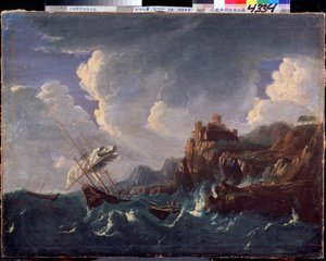 Stormfuldt hav. Stormfuldt hav. Maleri af Pieter Mulier II den Yngre (eller Pietro Mulieribus eller Pietro Cavaliere Tempesta) (1637-1701). Hollandsk kunst, barokstil. Olie på lærred. Statens museum for historie og kunst, Serpukhov (Serpukhov).