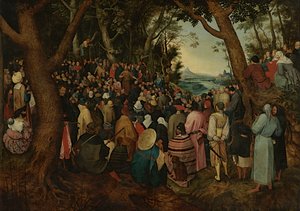 Johannes prædiker for folkemængden (olie på panel) af Pieter the Younger (after) Brueghel