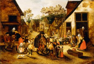En blind Hurdy-Gurdy-spiller omgivet af børn i en landsby, ca. 1610 af Pieter Brueghel the Younger