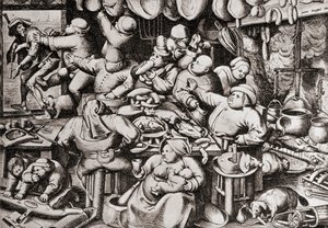 Tigger bliver smidt ud af en rig mands køkken, i det 16. århundrede (gravering) af Pieter the Younger Brueghel