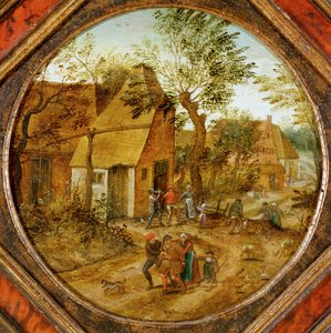 Landsbygade med bønder (maleri på træ) af Pieter the Younger Brueghel