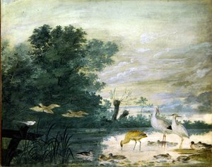 Eksotiske fugle i et malerisk landskab af Pieter the Younger Holsteyn