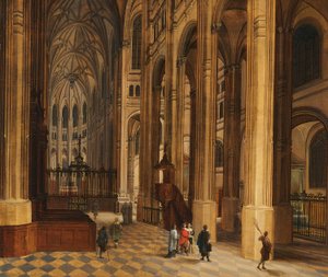 Kirkeinteriør (Udsigt til koret i St. Eustache, Paris) (olie på træ)