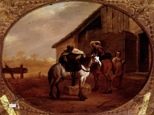 Afgang fra hotellet To ryttere rider på deres heste efter et stop i en kro. Maleri af Pieter Van Laer dit Bamboccio (BAmboche ou Bamboots) (1592/5-1642) (ec.holl.) 1600-tallet søn. 32x43 cm Paris, musee du Louvre - Afgang fra kroen, af Piet af Pieter van Laar