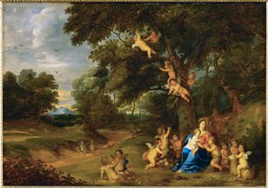 Sankt Maria med Jesusbarnet, Johannes Døberen og engle (maleri på egetræ) af Pieter van Avont