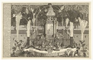 Fyrværkeri til ære for freden i Utrecht, 1713 Hollandsk fredsfyrværkeri opført af de noble Groot Mogende Heeren-stater Holland og Vestfriesland, affyret i floden til Haag (...) (titel på objektet) af Pieter van Buysen jr.