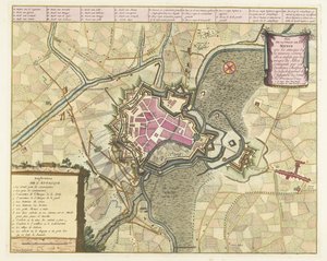Kaart van het beleg van Menen, 1706 Plan for byen Menin med angrebene (...) fra de allieredes tropper (...). (titel på objekt) af Pieter van Call (II)
