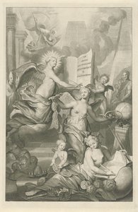 Berømmelse, evighed og skrivekunst Titelside til Louis Moréri, Le grand dictionaire historique, 1731 af Pieter van Gunst