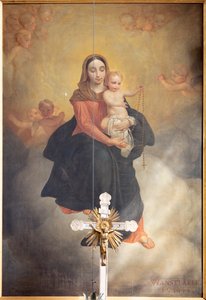Indefra, maleri "Vor Frue med Barn med rosenkrans", altertavle på hovedalteret af Pierre Van Hanselaere af Pieter van Hanselaere