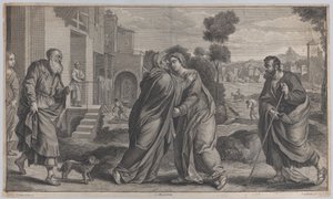 Visitation, Saint Elizabeth omfavner Jomfruen i centrum, mens Saint Joseph går til..., ca. 1656-60 af Pieter van Lisebetten
