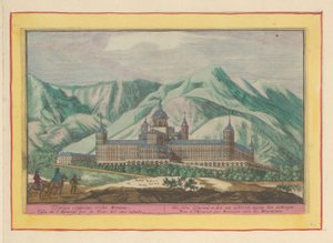 Escorial set bagfra Selvet Escurial; at blive set bagfra, imod bjergene (titel på objekt) Theatrum Hispaniae (...) (serietitel) af Pieter van den Berge