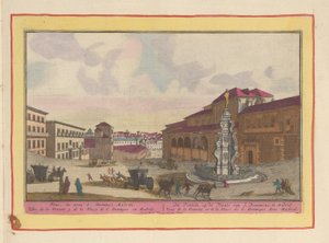 Springvand på pladsen Saint Dominic i Madrid Fontænen, på stedet for S. Dominicus; i Madrid (titel på objekt) Theatrum Hispaniae (...) (serietitel) af Pieter van den Berge
