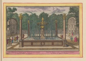 Fontæne af torneekstrakten i haven ved det kongelige palads i Aranjuez Fountain of the Harpyen og Toonpluysertjen i Aranjues (titel på objektet) Theatrum Hispaniae (...) (serietitel) af Pieter van den Berge