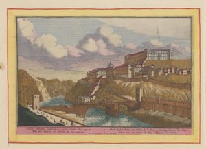 Udsigt over Alcazar de Toledo Det kongelige palads i Toledo; ved broen for at blive set, liggende over Tajo (titel på objekt) Theatrum Hispaniae (...) (serietitel) af Pieter van den Berge