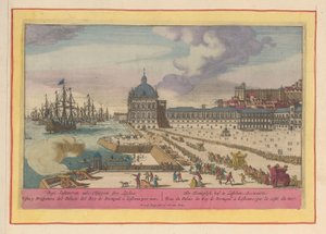 Udsigt over det kongelige palads i Lissabon og forgården med mennesker Det Kongelige Hof i Lissabon; Zeewaartz (titel på objekt) Theatrum Hispaniae (...) (serietitel) af Pieter van den Berge