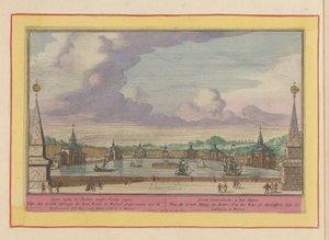 Stor dam med skibe i haverne ved Palacio del Buen Retiro i Madrid Groote Waterplaats, i Retiro (titel på objekt) Theatrum Hispaniae (...) (serietitel) af Pieter van den Berge