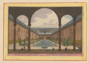 Retten i Alhambra i Granada The Delight of the Moorish Kings, i Alhambre-slottet, inde i Granade (titel på objektet) Theatrum Hispaniae (...) (serietitel) af Pieter van den Berge
