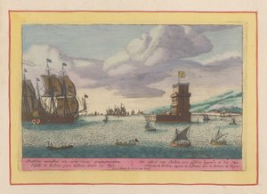 Tower of Belém beliggende i Taag -floden Bellem Casteel, lægning for Lissabon i Tajo (titel på objekt) Theatrum Hispaniae (...) (serietitel) af Pieter van den Berge