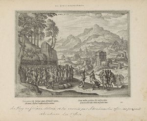 Abraham en de koning van Sodoma Vær denne jernvæg (titel på objekt) De hellige emblemer og begge testamenters hovedhistorier (Oude Testamente) (serietitel) Billeder og figurer af bøger (serietitel) af Pieter van der Borcht (I)