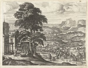 Abraham fodrer de tre engle Landskaber med historien om Abraham (serietitel) af Pieter van der Borcht (I)