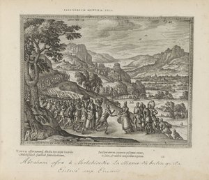 Abraham mødte Melkisedek En forening af fredelige sind (titel på objekt) De hellige emblemer og begge testamenters hovedhistorier (Oude Testamente) (serietitel) Billeder og figurer af bøger (serietitel) af Pieter van der Borcht (I)