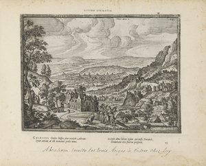 Landschap met Abraham en de drie engelen Guddommelig operation (titel på objekt) De hellige emblemer og begge testamenters hovedhistorier (Oude Testamente) (serietitel) Billeder og figurer af bøger (serietitel) af Pieter van der Borcht (I)