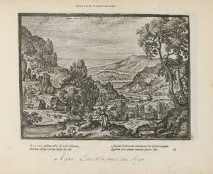 Landschap met Hagar en de engel Trøst ilden (titel på objekt) De hellige emblemer og begge testamenters hovedhistorier (Oude Testamente) (serietitel) Billeder og figurer af bøger (serietitel) af Pieter van der Borcht (I)