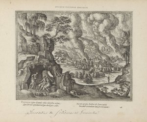 Vernietiging van Sodom en Gomorra / Lot en zijn datters Eternal monument of retfærdighed (titel på objekt) De hellige emblemer og begge testamenters hovedhistorier (Oude Testamente) (serietitel) Billeder og figurer af bøger (serietitel) af Pieter van der Borcht (I)