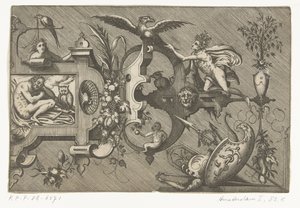 Højre halvdel af en stor kartouche, der forestiller natten Compertimenta pictoriis flosculis manubiisque... (serietitel) af Pieter van der Heyden