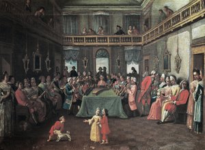 Koncert i et privat hus - Privat koncert i et hus. Maleri af Pietro Longhis skole af Pietro (school of) Longhi