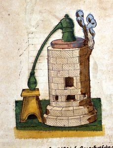 Alkymi: Apparat til destillation. Gravering fra en bog af Pietro Andrea Mattioli (Matthiole) (1500-1577). Frankfurt