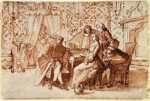 A Music Party (pen og brun vask over sort kridt på papir) af Pietro Antonio Novelli
