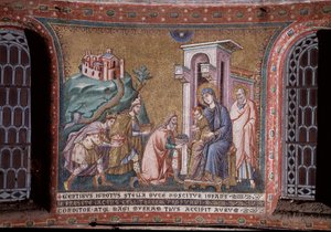 Tilbedelse af den mosaiske magi af Pietro Cavallinis apsis (aktiv omkring 1273-1330) slutningen af det 13. århundrede (Tilbedelse af magierne, mosaik fra apsis af Pietro Cavallini, slutningen af det 13. århundrede) Rom, Santa Maria-kirken i Trastevere Ital