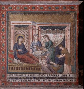 Mariamosaiks fødsel fra Pietro Cavallinis apsis (aktiv omkring 1273-1330) slutningen af det 13. århundrede (Marias fødsel, mosaik fra apsis af Pietro Cavallini, slutningen af det 13. århundrede) Rom, Santa Maria-kirken i Trastevere Italien