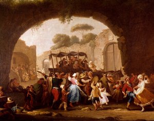 Dansescene og populær fest i Naples Detail. Tarantella dansere (tarantella, tarantella). Maleri af Pietro Fabris (aktivt mellem 1763 og 1776) 1700-tallets Napoli, Museo Nazionale di San Martino