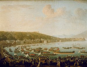 Karl III af Spaniens (Carlos III) (1716-1788) afgang fra Napoli-bugten (Italien). Maleri af Pietro Fabris (1756-1779), olie på lærred af Pietro Fabris